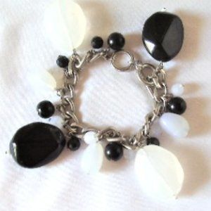 Silver tone Black White Beaded Bracelet